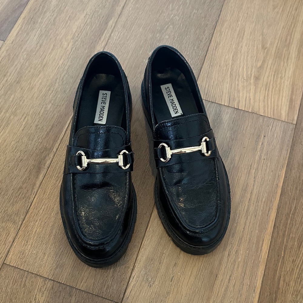 Steve Madden Black Leather Loafers with Gold Bit